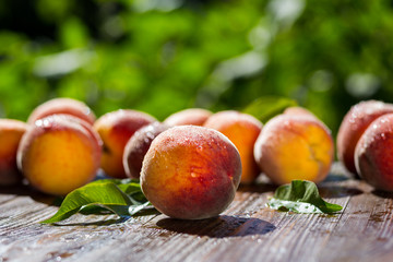 Fresh peaches, Peach close up fruit background, peach on wood background,sweet peaches, group of peaches,Peaches pattern texture fruit market peach background