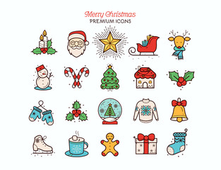 Naklejka premium Christmas icons, thin line style, flat design white background