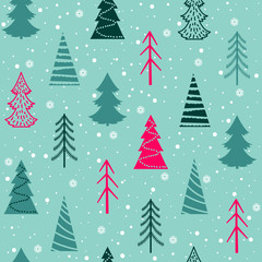 Seamless Christmas vector pattern with fir-trees, snowflakes, snow