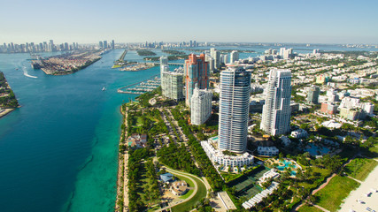 South Beach, Miami Beach. Florida. Aerial view. Paradise. South Pointe Park and Pier - obrazy, fototapety, plakaty
