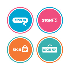 Sign in icons. Login with arrow, hand pointer symbols. Website or App navigation signs. Sign up locker. Colored circle buttons. Vector