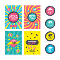 Sale website banner templates. Rapper smile face icons. Happy, sad, cry signs. Happy smiley chat symbol. Sadness depression and crying signs. Ads promotional material. Vector