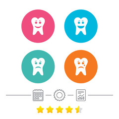 Tooth smile face icons. Happy, sad, cry signs. Happy smiley chat symbol. Sadness depression and crying signs. Calendar, cogwheel and report linear icons. Star vote ranking. Vector