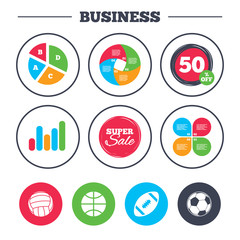 Business pie chart. Growth graph. Sport balls icons. Volleyball, Basketball, Soccer and American football signs. Team sport games. Super sale and discount buttons. Vector