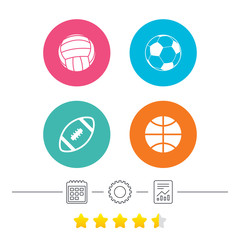 Sport balls icons. Volleyball, Basketball, Soccer and American football signs. Team sport games. Calendar, cogwheel and report linear icons. Star vote ranking. Vector