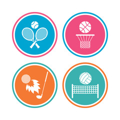 Tennis rackets with ball. Basketball basket. Volleyball net with ball. Golf fireball sign. Sport icons. Colored circle buttons. Vector