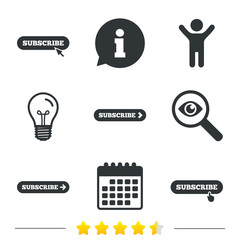 Subscribe icons. Membership signs with arrow or hand pointer symbols. Website navigation. Information, light bulb and calendar icons. Investigate magnifier. Vector