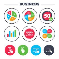 Business pie chart. Growth graph. Touch screen smartphone icons. Hand pointer symbols. Notebook or Laptop pc sign. Super sale and discount buttons. Vector
