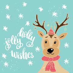 Christmas card template. Hand drawn lettering Holly jolly wishes. Perfect brush typography for cards, poster, t-shirt, invitations and other types of holiday design. Vector illustration.