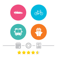 Transport icons. Car, Bicycle, Public bus and Ship signs. Shipping delivery symbol. Family vehicle sign. Calendar, cogwheel and report linear icons. Star vote ranking. Vector