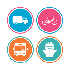 Transport icons. Truck, Bicycle, Public bus with driver and Ship signs. Shipping delivery symbol. Family vehicle sign. Colored circle buttons. Vector