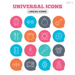 Universal icons. Fitness dumbbell, home key and candle. Toilet paper, knife and fork. Microwave oven. Flat speech bubbles with linear icons. Vector