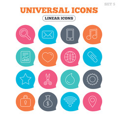 Universal icons. Smartphone, mail and musical note. Heart, globe and share symbols. Paperclip, scissors and water drop. Flat speech bubbles with linear icons. Vector