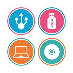 Usb flash drive icons. Notebook or Laptop pc symbols. CD or DVD sign. Compact disc. Colored circle buttons. Vector