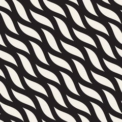 Vector Seamless Black and White Hand Drawn Diagonal Wavy Shapes Pattern
