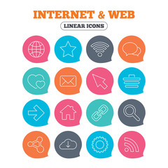 Internet and Web icons. Wi-fi network, favorite star and internet globe. Hearts, shopping cart and speech bubbles. Share, rss and link symbols. Flat speech bubbles with linear icons. Vector