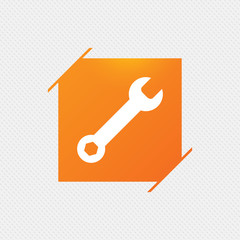 Wrench key sign icon. Service tool symbol. Orange square label on pattern. Vector