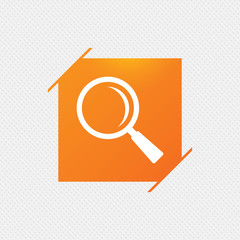 Magnifier glass sign icon. Zoom tool button. Navigation search symbol. Orange square label on pattern. Vector