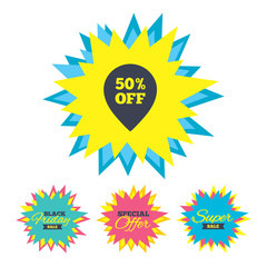Sale stickers and banners. 50% sale pointer tag sign icon. Discount symbol. Special offer label. Star labels. Vector