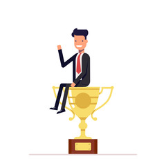 Businessman or manager is sitting on a big cup. Man in business suit won first place and received the prize. Vector, illustration EPS10.