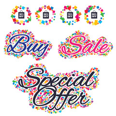Sale confetti labels and banners. Sale bag tag icons. Discount special offer symbols. 30%, 50%, 70% and 90% percent off signs. Special offer sticker. Vector