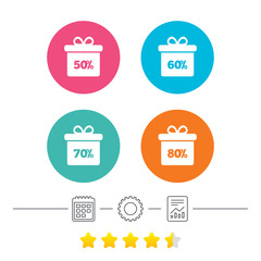 Sale gift box tag icons. Discount special offer symbols. 50%, 60%, 70% and 80% percent discount signs. Calendar, cogwheel and report linear icons. Star vote ranking. Vector