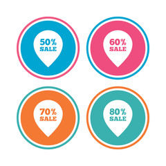 Sale pointer tag icons. Discount special offer symbols. 50%, 60%, 70% and 80% percent sale signs. Colored circle buttons. Vector