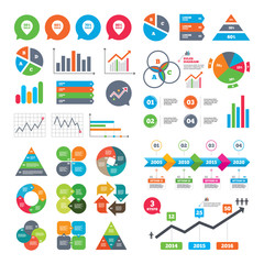 Business charts. Growth graph. Sale pointer tag icons. Discount special offer symbols. 50%, 60%, 70% and 80% percent sale signs. Market report presentation. Vector