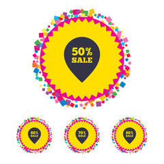 Web buttons with confetti pieces. Sale pointer tag icons. Discount special offer symbols. 50%, 60%, 70% and 80% percent sale signs. Bright stylish design. Vector