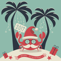 The cover design. Christmas on the island. Depicts two palm trees, a crab in Santa Claus hat, garlands of snowflakes, presents on the sand , starfish and scarf with the words merry christmas.