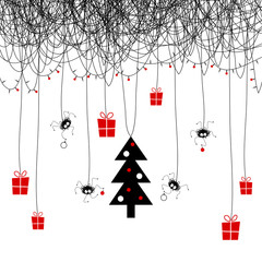 The cover design. Shows four the spider on the web decorating the Christmas tree for the holiday. On the web the garland of candles and red balls. Hanging gift boxes with gifts.