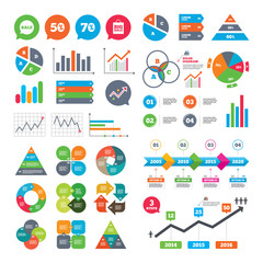 Business charts. Growth graph. Sale speech bubble icon. 50% and 70% percent discount symbols. Big sale shopping bag sign. Market report presentation. Vector