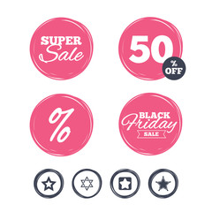 Super sale and black friday stickers. Star of David icons. Sheriff police sign. Symbol of Israel. Shopping labels. Vector