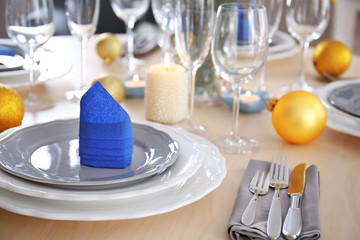 Table served for Christmas dinner, close up view