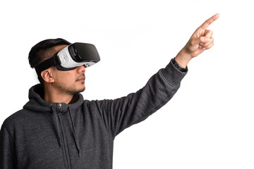 young asian man wearing virtual reality goggles