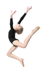 Young girl doing gymnastics, isolated on white