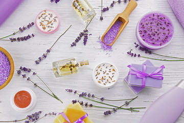 Fototapeta na wymiar Spa composition with lavender and essential oils, closeup
