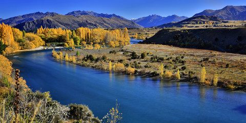 Clutha River and the Southern Alps in Autumn, Wanaka, New Zealand