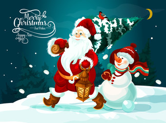 Fototapeta na wymiar Santa and snowman with xmas tree and gifts card
