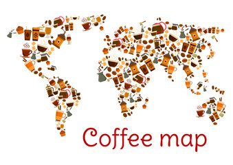 Coffee world map poster with cup and dessert