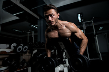 Fototapeta na wymiar Muscular Man Exercising Back With Dumbbells