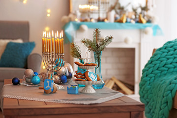 Beautiful Hanukkah decor on table in living room, closeup