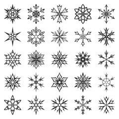 Snowflake icon collection isolated on white background. Winter symbols. Christmas decorative elements. New year card ornament. Snowflakes silhouette. Geometric snowflakes set. Vector illustration