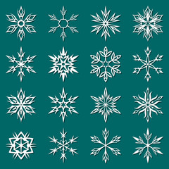 White snowflake icon collection with shadow on green background. Winter symbols. Christmas decorative elements. New year card ornament. Snowflakes silhouette. Geometric snowflakes vector set
