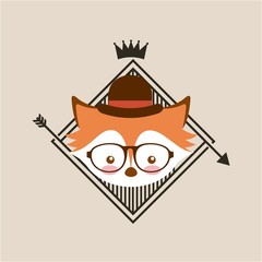 cute fox with glasses inside decorative frame with crown and arrows. hipster style design. vector illustration