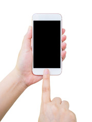 Hand holding smart phone isolated on white background
