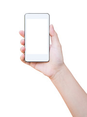 Hand holding smart phone isolated on white background