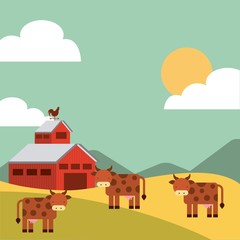 red barn and cows on farm landscape. colorful design. vector illustration