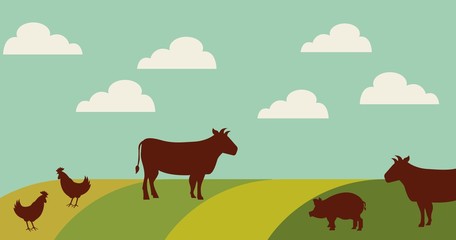 cow, pigs and chickens in farm landscape. colorful design. vector illustration