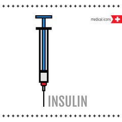 Syringe, medical equipment. Flat colored icon for diabetes. Vector